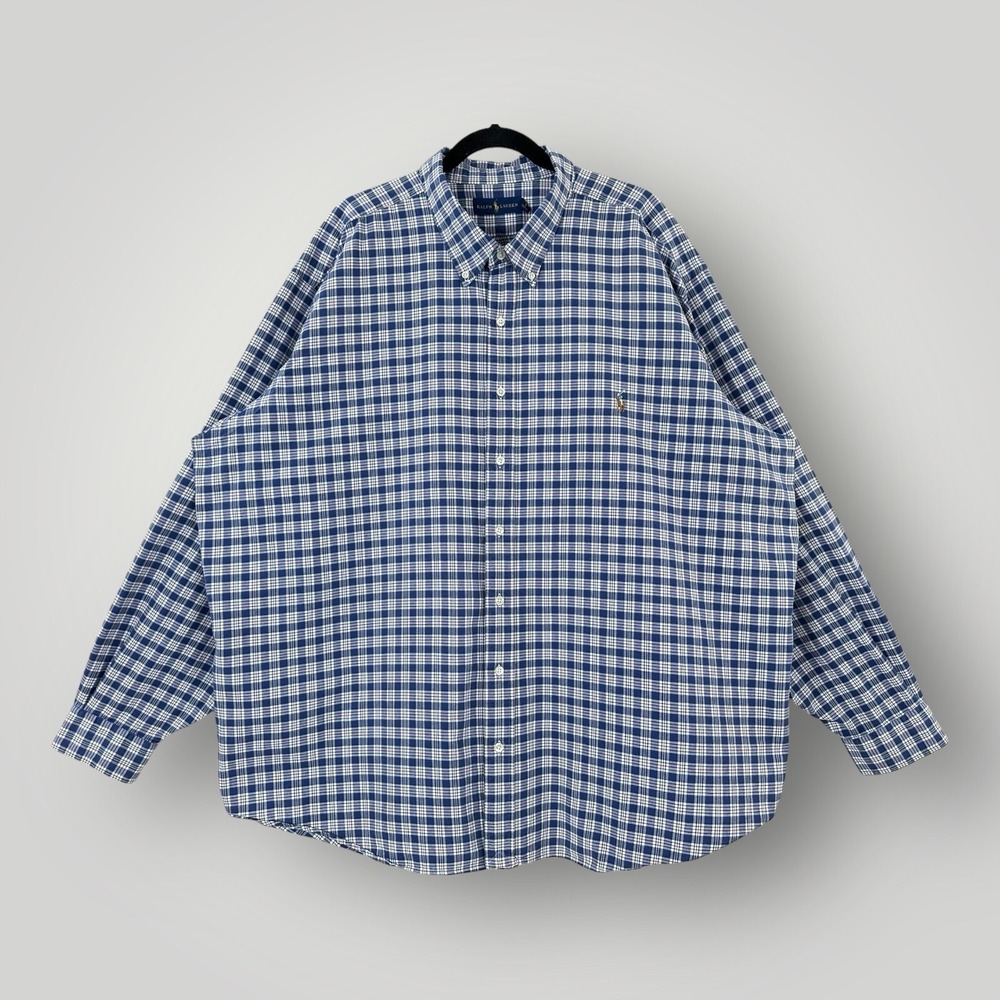 Ralph Lauren Plaid Shirt 3XB‎ Blue White Red Long Sleeve Flesh Pony 100% Cotton